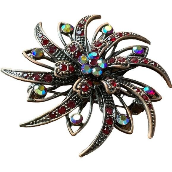 Vintage Starburst Rhinestone Brooch Pin With Red & Iridescent Crystals - Picture 3 of 5